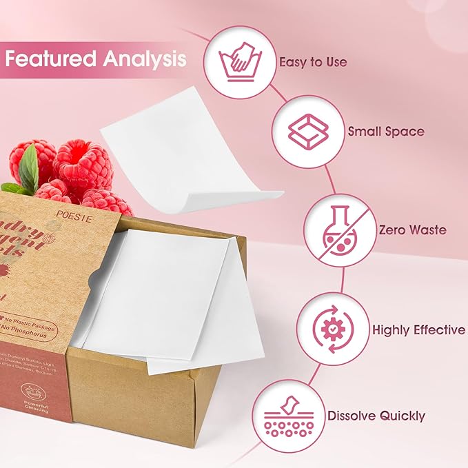 Poesie Laundry Detergent Sheet Berry Burst Scent 160 Sheets No Plastic Jugs No Messy Liquid Powder Camping Travel RV Trip Laundry Cleaning Sheet for Hand Wash Machine Wash