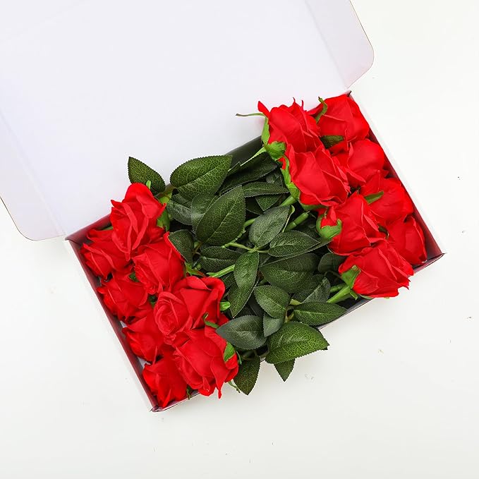 Red Fake Roses Artificial Flowers - 16 Pcs Fake Artificial Roses Silk Flowers with Stems for Home Wedding Hotel Office Centerpiece Decor
