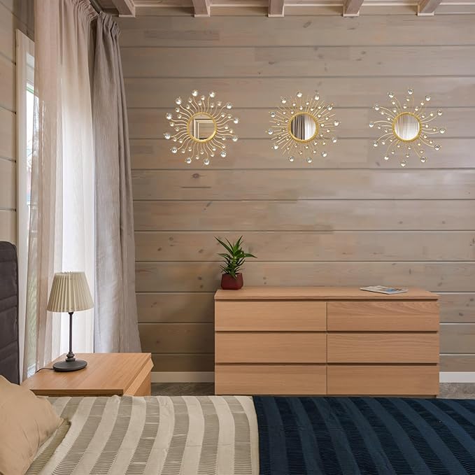 Mirror Wall Decor Wall Mirrors Decorative Sunburst Boho Mirror Gold Mirror Wall Art Metal Decor Mirror Hanging Living Room Bedroom Bathroom Set of 3