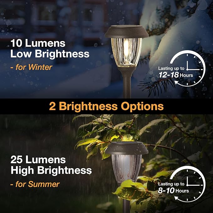 XMCOSY+ Solar Lights Outdoor 10/25 LM LED with 2 Lighting Modes, Solar Garden Lights Glass and Metal, IP65 Waterproof Solar Powered for Yard Pathway Walkway Driveway Patio (6 Pack, Warm White)
