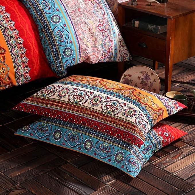 ABREEZE 3Pcs Bohemia Retro Bedding Ethnic Vintage Floral Duvet Cover Boho Bedding 100% Brushed Cotton Bedding Sets Damask Paisley Coloful Mandala Down Comforter Cover,Queen