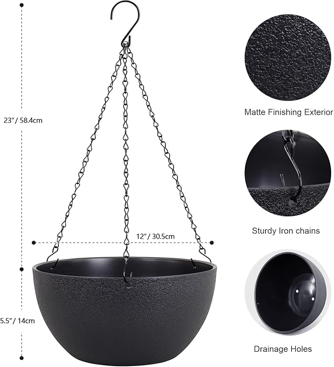12 inch Large Hanging Planters for Indoor Outdoor Plants, 2 Pack Hanging Flower Pots with Drainage Holes and Chain for Garden Porch Plants, Plastic Hanging Baskets for House Plants, Black