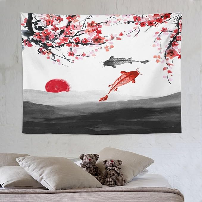 Houselerax Japanese Koi Fish Tapestries, Cherry Blossoms Asian Oriental Flower Branch Koi Fish Carp Tapestry Wall Hanging for Bedroom Living Room Office Decor 80"x60"