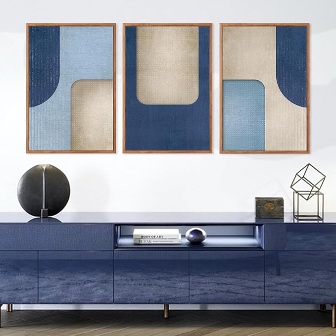 KAIRNE Blue Modern Abstract Canvas Wall Art,Neutral Prints Set of 3(16”X24”),Simple Design Wall Decor,Boho Minimalist Paintings,Blue and White Geometry Pictures for Living Room Bedroom Office Decor