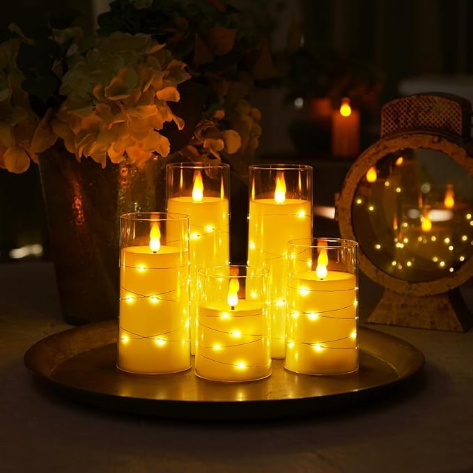Homemory Pure White Flameless Candles with Embedded Star String Fairy Lights, Battery Operated Candle, LED Candles, Fake Candles with Remote Control and Timer, Set of 5(H4 5" 6" 8" 8")