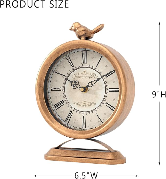 Vintage Table Clock with Bird, European Antique Style Gold Mantel Clocks, Desk and Shelf Decor Clock, for Farmhouse, Bedside, Living Room, Bedroom, Gift (9" H x 6.5" W)