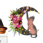 Halloween Wreaths for Front Door with Light, Black Cat Crescent Moon Wreath, Cute Cat Garland Halloween Door Decorations for Outdoor Indoor Decor Wall Window Home Party