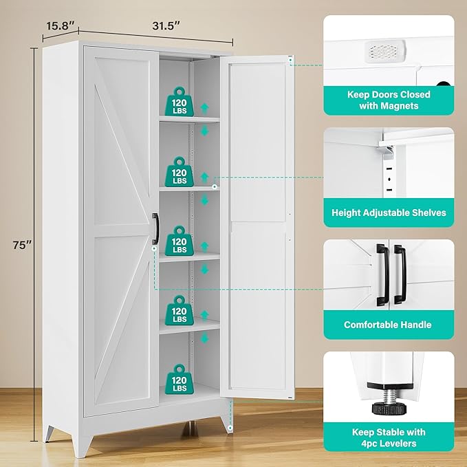 75" Tall Pantry Cabinet,Farmhouse Kitchen Pantry Storage Cabinets with 2 Doors and 5 Shelves,White Metal Storage Cabinet,Large Cupboard for Home,Kitchen,Dining/Living Room
