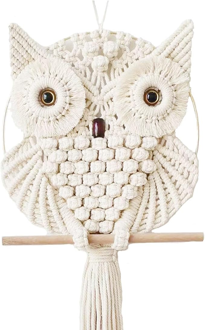 Owl Macrame Wall Hanging-Hand Woven Boho Tapestry-Macrame Wall Decor -Owl Decor for Bedroom, Living Room, Nursery (Beige-Large)