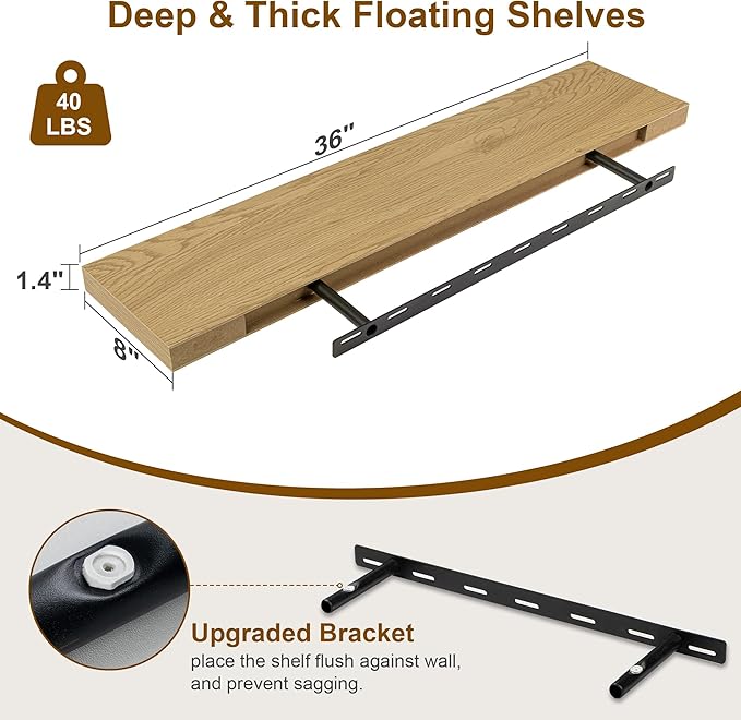 Fun Memories Floating Shelves 36 Inch Long, Deep Floating Shelf for Wall, 36 x 8 Floating Shelves Set of 2, 8 Inch Deep Wall Shelf for Living Room, Kitchen, Bedroom, Large Storage Shelves, Oak Color