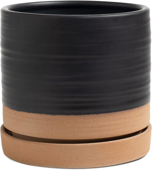 6 Inch Plant Pots, Ceramic Planter Pot with Drainage Hole & Saucer, Indoor/Outdoor Cylinder Round Planter Pot, Matte Black & Brown