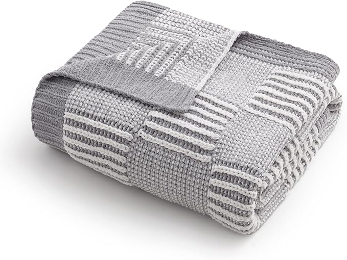 Amélie Home Chenille Knit Throw Blanket for Couch, Checkered Texture Decorative Soft Blanket for Sofa, Bed & Living Room, 50"x60", Grey & White