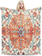 HGOD DESIGNS Carpet Pattern Throw Blanket Boho Style Ethnic Design Orange Blue Soft Blankets and Throws 50x60 Inch Caring for Women Men (130x150cm)