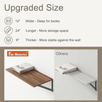 Deep Floating Shelves, 12 Inch Deep Floating Shelves for Wall, 24"W x 12"D Wall Shelves for Books, Large Rustic Wooden Shelf, Wide Display Shelf for Bathroom, Living Room, Walnut Color, Set of 2