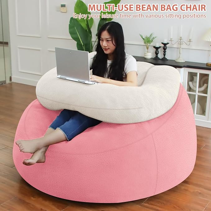 HABUTWAY Bean Bag Chair with U-Shaped Pillow for Adult and Kids Big BeanBag Chair with Filling Ultra Soft Teddy Fleece Couch Chair with Washable Cover for Living Room Bedroom Office, Beige-Light Pink