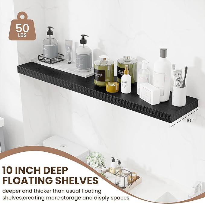 Fun Memories 10 Inch Deep Shelves, Floating Shelves for Wall 48 Inches Long, Wood Floating Shelves for Wall, Large Storage Shelves Wall Mount for Living Room Bedroom, Black, Set of 1