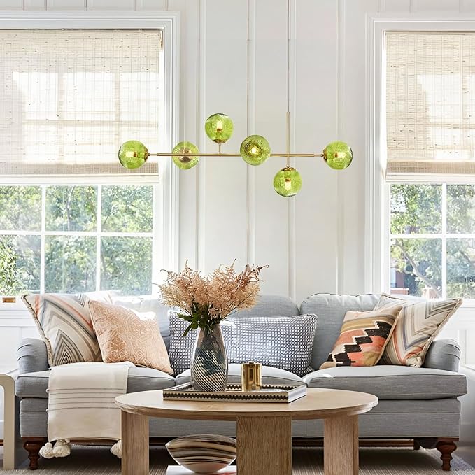 KCO Lighting 6 Green Glass Pendant Lights Kitchen Island Mid Century Modern Globe Sputnik Chandelier Brushed Gold Linear Island Light Fixture for Dining Room