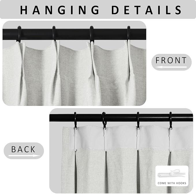 Macochico Pinch Pleated Blackout Linen Curtains 96 Inches Long 100% Light Blocking Burlap Curtains for Bedroom Living Room Thermal Window Panels with Tieback 72”Wx96”L Greyish White 1 Panel
