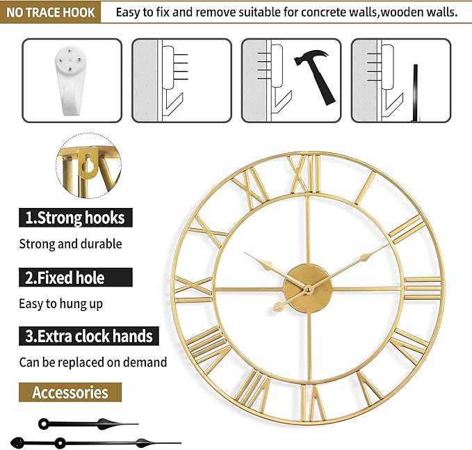 Large Wall Clock for Living Room Decor - 47cm/ 18 Inches Silent Non-Ticking Metal Wall Clocks Battery Operated, Vintage Decorative Modern Wall Clock for Bedroom, Office, Farmhouse Decor