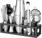 HMYBAR® Mixology Bartender kit | Cocktail Shaker Set | Boston Shaker Set, 20/28 OZ | Martini Making Set for Home Bar. Total 31 pcs incl 39-Recipe Cocktail Cards. Silver Tools. Bamb Stand Black Color