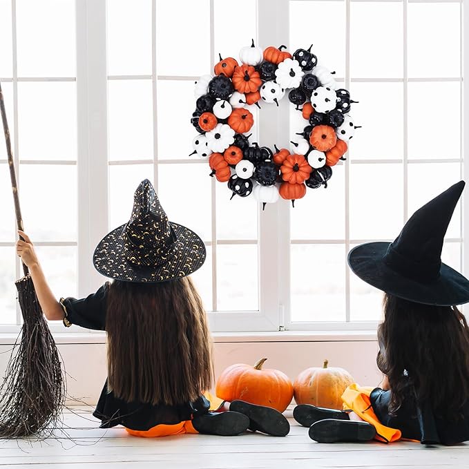 GarveeHome Halloween Pumpkin Wreath for Front Door, 18 Inch Fall Farmhouse Wreath with Orange, Black and White Pumpkins, Rattan Bottom Halloween Indoor Outdoor Home Party Decor