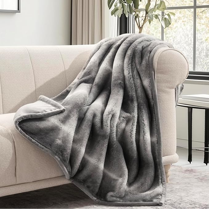 Ultra Soft Luxury Fluffy Mink Faux Fur Throw Blanket, Thick Warm Fall Winter Blankets for Bed, Couch, Cozy Plush Reversible Blanket for Chair, Sofa (Ombré Silver Onyx, 60"x80")