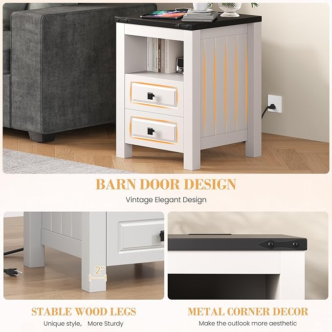 Farmhouse End Table with Charging Station & Storage - Apicizon Nightstand