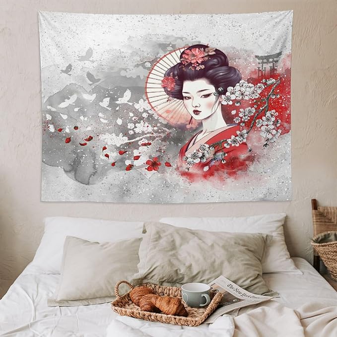 Japanese Geisha Tapestry Asian Red Cherry Blossom Traditional Kimono Folk Tapestries Home Decor for Living Room Bedroom Apartment Farmhouse Dorm 80"x60"