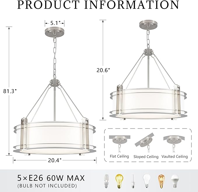 20.4''Drum Chandelier,5-Light Brushed Nickel Modern White Fabric Chandeliers,Farmhouse Round Pendant Light Fixture for Dining Room Kitchen Island Living Room Bedroom Hallway