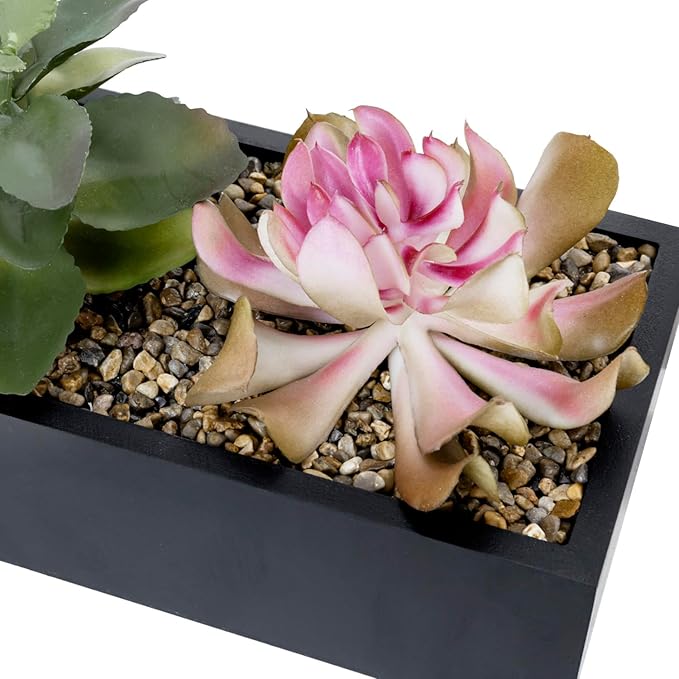 MyGift Artificial Assorted Succulent Arrangement in Rectangular Black Wood Planter Box, Fake Plant Decor