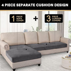 PrinceDeco Sectional Couch Covers 4 Pieces Velvet Separate Couch Cushion Covers L Shape for Left/Right Chaise Sectional Couch with Elastic Bottom (3 Seater + 1 Chaise,Grey)