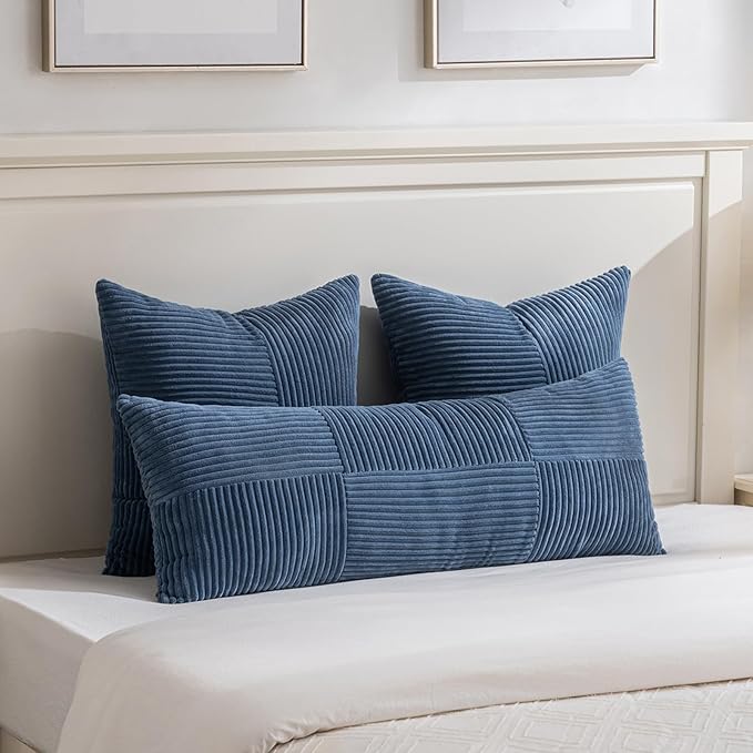 Fancy Homi Set of 2 Dusty Blue Boho Long Lumbar Body Decorative Throw Pillow Cover 14x36 Inch for Bed Couch Bedroom Bench, Soft Patchwork Corduroy Textured Pillow Case, Rustic Farmhouse Room Décor