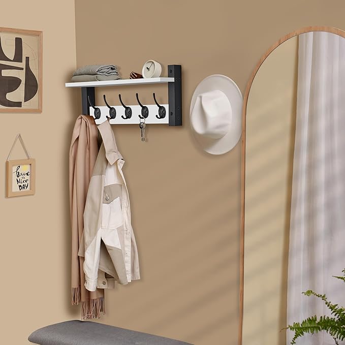 Sorbus Coat Hooks Wall Mount with Shelf – 16 Inch Coat Rack Wall Mount with 5 Heavy Duty Hooks – Floating Wall Shelf with Hooks for Entryway, Bathroom, Bedroom, Kitchen, or Mudroom (White)