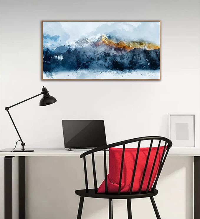Framed Wall Art Canvas Indigo Abstract Mountain Pictures Wall Decor Blue Grey Orange Mountain Peaks Canvas Painting Prints Modern Abstract Artwork for Living Room Bedroom Decoration 20" x 40"