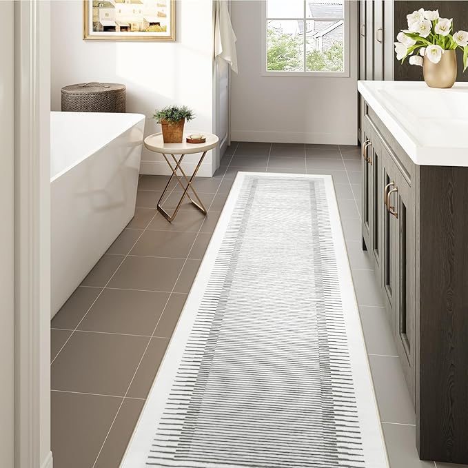 Wonnitar Washable Striped Runner Rug 2'6"x8', Non-Slip Berber Stripe Hallway Runner, Low Pile Minimalist Kitchen Soft Carpet Runner for Bedroom Bathroom Laundry Entryway (Grey, 2'6" x 8')