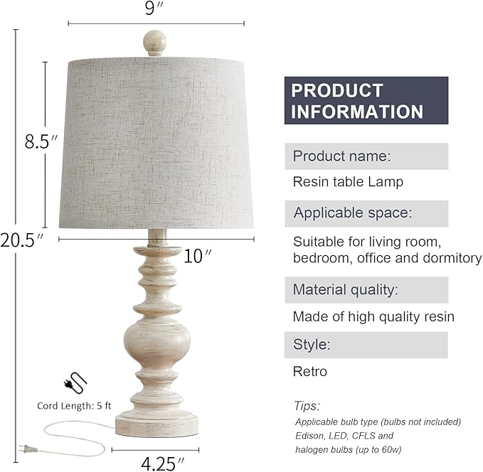 BOBOMOMO Tradition 20.5" Rustic Table Lamp Set of 2 for Living Room Farmhouse Bedside Desk Lamps Bedroom Nightstand Vintage Lamps Linen Washed（Suitable for Decorating Small Areas）