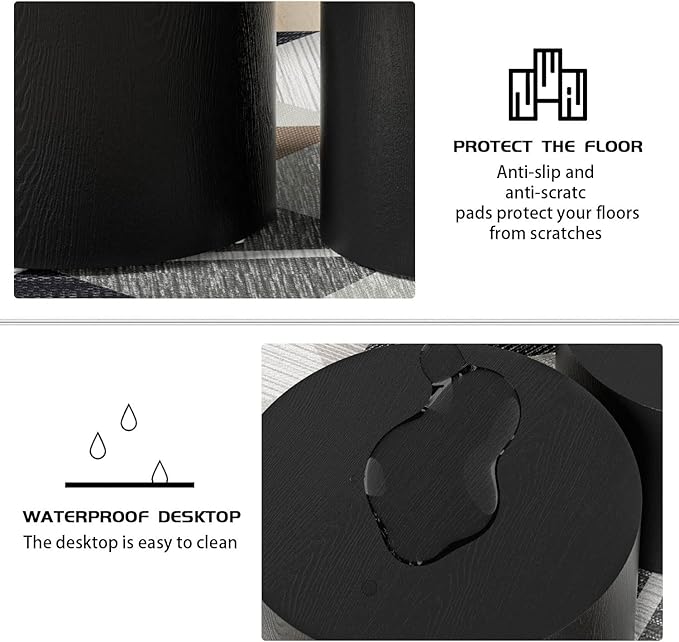 Nesting Coffee Table Set of 2, Modern Round Coffee Table with Non-Slip Feet, Wooden Circle Accent Tables for Small Spaces Living Room Bedroom Balcony Office Drum Side Table (Black)