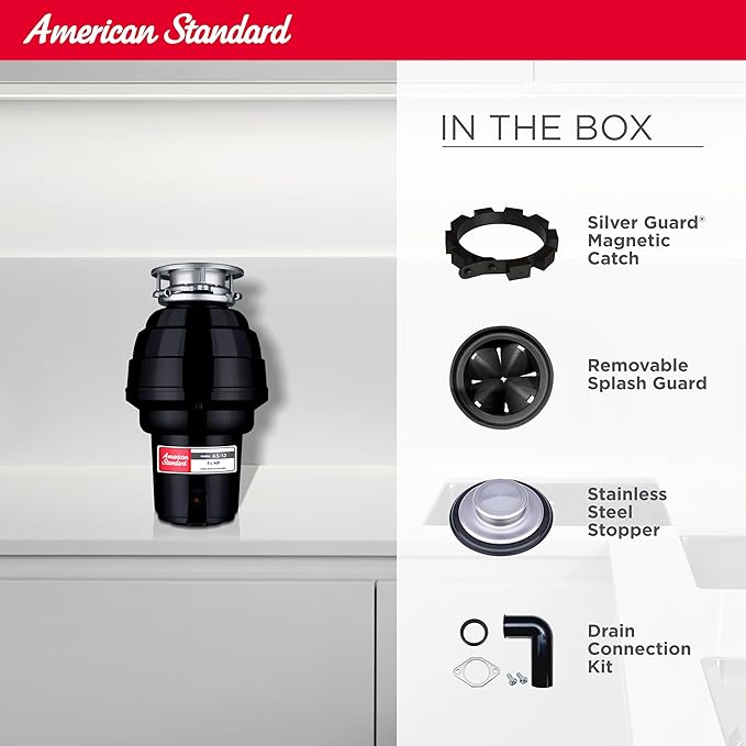American Standard 10-US-AS-12 Garbage Disposal Anti-Jam Stainless Steel Food Waste Grinding System, Heavy Duty, 1.25 HP, Black