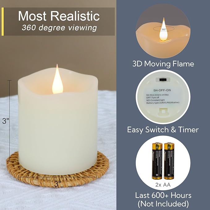 Flameless Candles Battery Operated with Timer, 3D Moving Flame Flickering, Last 600+ Hours Battery Candles, 3" x 3" Ivory Real Wax Electric LED Candle for Wedding Party Decorations
