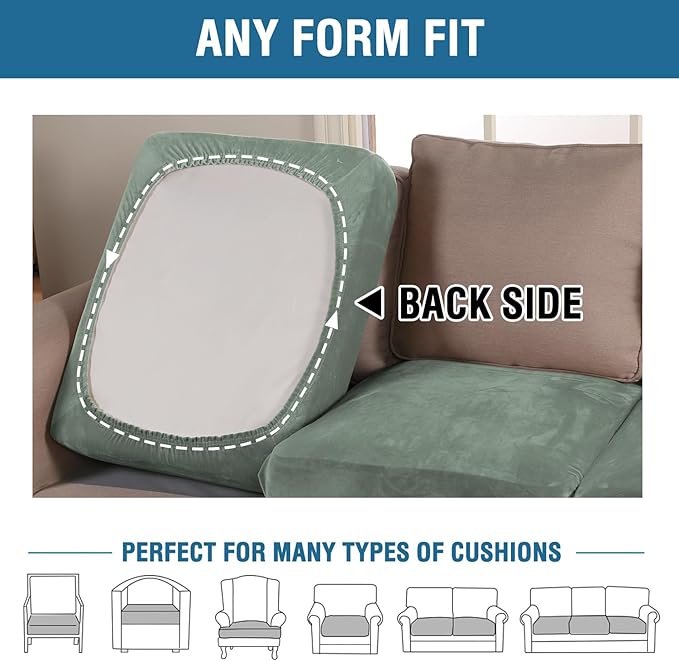 H.VERSAILTEX Velvet Stretch Couch Cushion Cover Plush Cushion Slipcover for Chair Loveseat Sofa Cushion Furniture Protector Seat Cushion Sofa Cover (3 Piece XL Sofa Cushion Covers, Sea Grass)