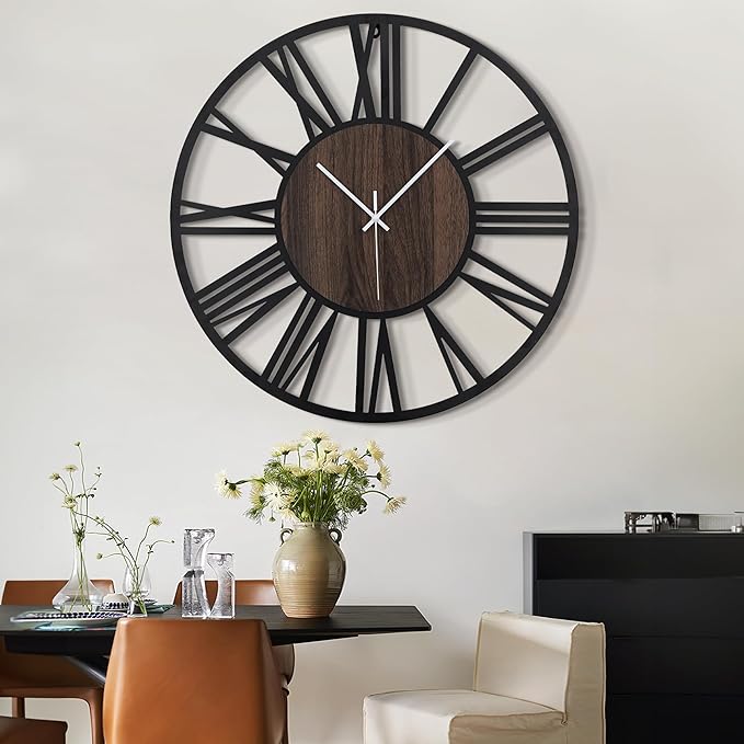 LEIKE 32" Oversized Large Wall Clocks,Silent,Non Ticking,Battery Operated Modern Round Big Wood Decorative Metal Wall Clock for Living Room, Bedroom,Kitchen,Farmhouse,Office Decor - Black,32 Inch