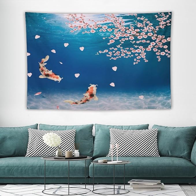 Japanese Koi Fish Tapestry, Cherry Blossoms Asian Oriental Blue Floral Branch Koi Fish Carp Tapestries Wall Hanging for Bedroom Living Room Office Decor 90"x60"