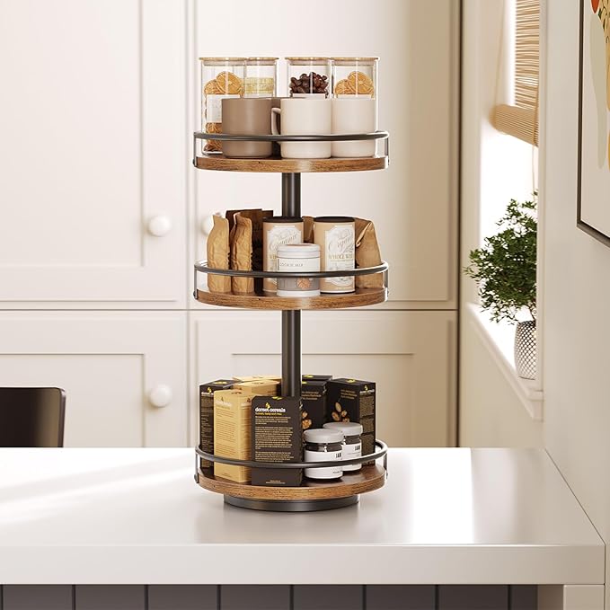 HOOBRO 3-Tier Lazy Susan Organizer, Rotating Spice Rack, Turntable Spice Rack, Vertical Storage Organizer, for Kitchen Countertop, Vanity, Dining Table, Rustic Brown and Black BF09TL01