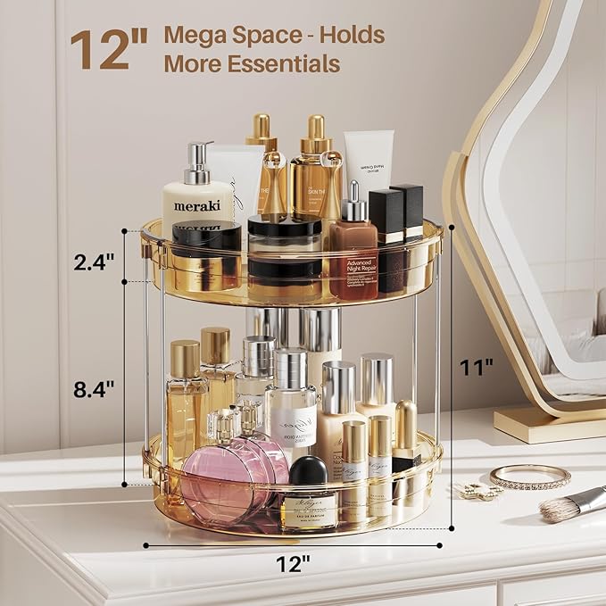 LAMU 2 Pack 2 Tier Lazy Susan Turntable Organizer 12'' Rotating Spice Rack Organization for Cabinet, Kitchen, Pantry, Countertop, Bathroom, Vanity, Medicine Cabinet Organizer, Amber