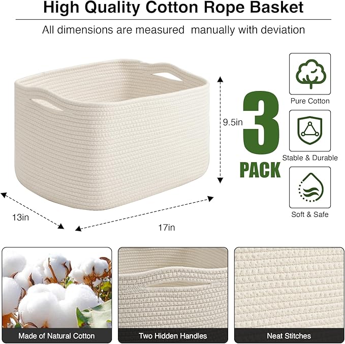 Large Storage Baskets for Organizing Shelves, Woven Cotton Rope Bins for Baby Nursery Organization, Book Toy Towel Organizer, 17"x13"x9.5", 3 Packs, Off White