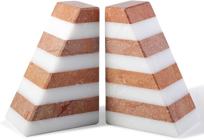 Marble Book Ends, Non-Skid Bookends for Shelves, Composite Bookend with Natural Stone, Heavy Duty Book Stopper, Collected CDs and Oversized Books Organizer, White & Red Decorative Bookends