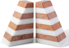 Marble Book Ends, Non-Skid Bookends for Shelves, Composite Bookend with Natural Stone, Heavy Duty Book Stopper, Collected CDs and Oversized Books Organizer, White & Red Decorative Bookends