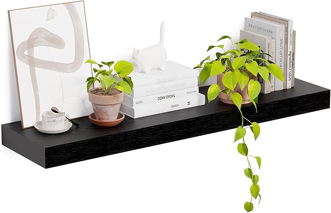 Heimlove 12 Inch Deep Floating Shelves, 48 x 12 inches Long Wall Shelf, Large Display Shelf & Storage Shelf, Rustic Wood Wall Shelves for Fireplace Mantel, Set of 1(Black)