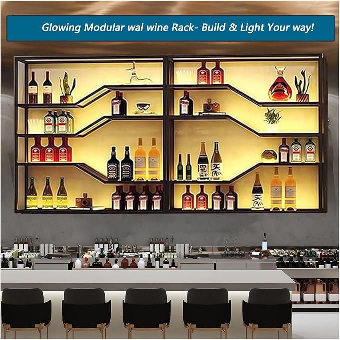 94.4in Wall Mounted Wine Rack with LED Light, 5-Tiers Liquor Bottles Display Shelf with Glasses Holder, Metal Home Bar Shelves with Industrial Iron Frame for Kitchen (Black, 94.4in/7.87ft)