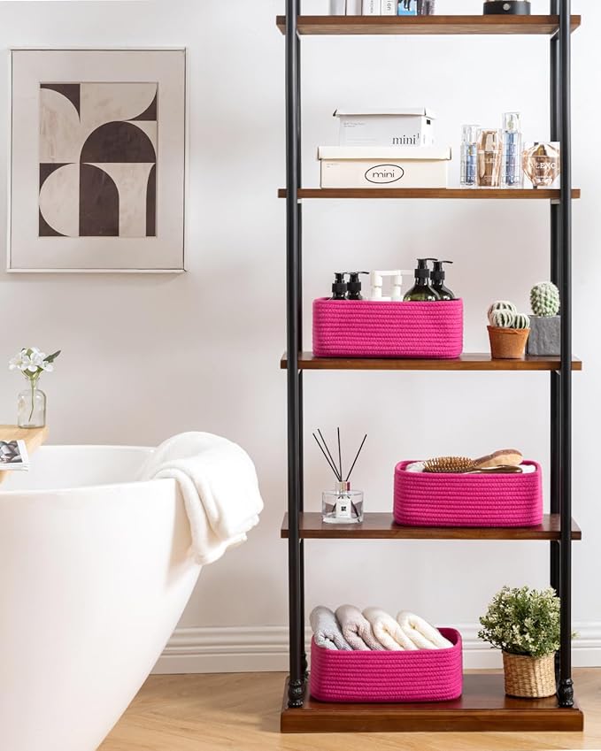 KALLAX Small Woven Basket, 12 x 8 x 4.5 Inches, Storage Basket for Organizing, Cute Small Rope Shelf Closet Cube Storage Bins Baskets for Shelves, Dog Toy Gift Baskets Empty, 3 Packs, Hot Pink